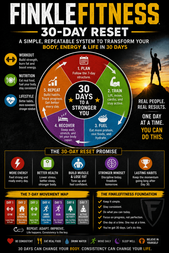 FinkleFitness 30-Day Reset PDF cover showing a complete workout, nutrition, and lifestyle fitness guide