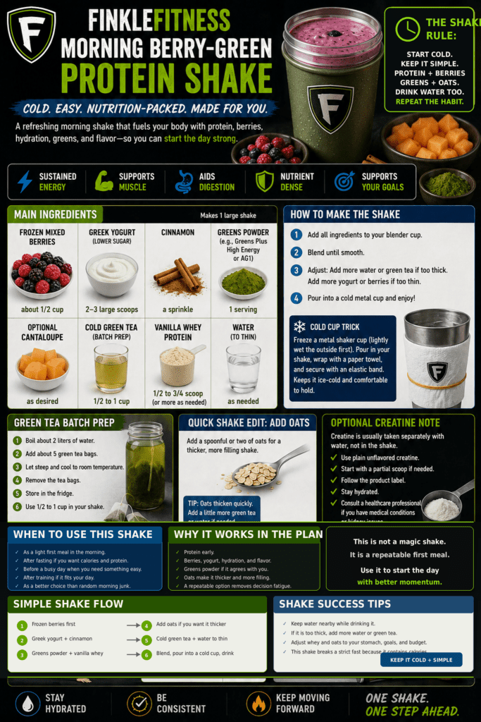 Morning berry-green protein shake recipe with frozen berries, Greek yogurt, greens powder, whey, oats, and green tea