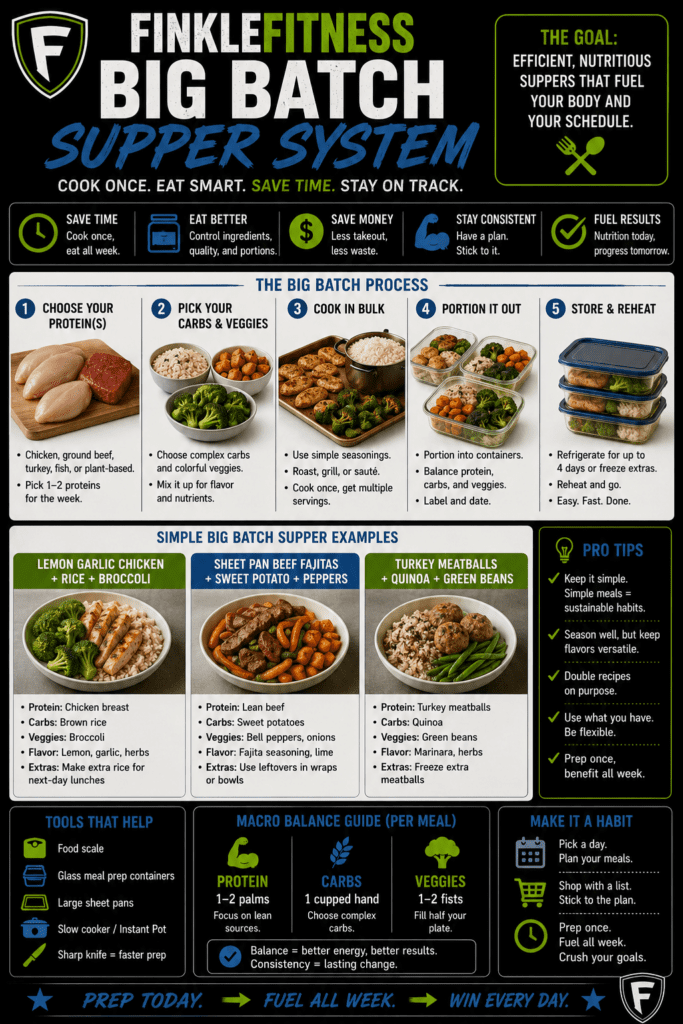 Big batch supper system showing protein, carbs, vegetables, leftovers, and simple weekly meal planning