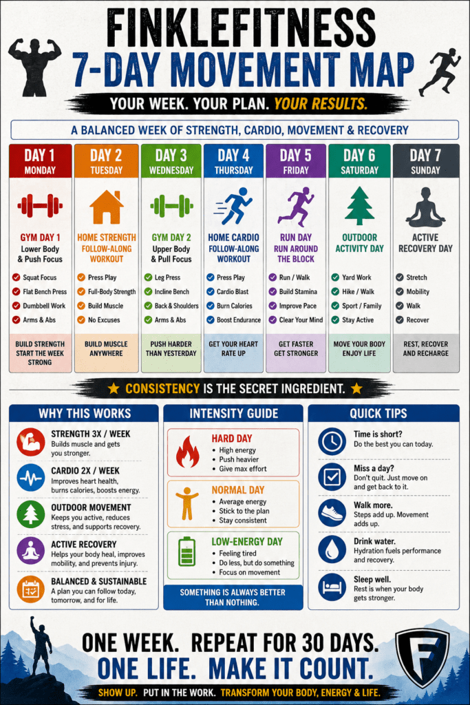 FinkleFitness 7-day movement map with gym workouts, home cardio, running, outdoor activity, and recovery