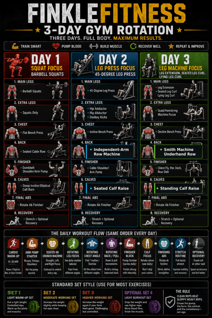 FinkleFitness 3-day gym rotation showing squat, leg press, and leg machine workout structure