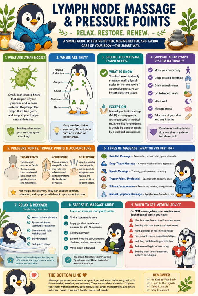 Lymph node massage and pressure points infographic explaining lymph nodes, safe self-massage, massage types, relaxation tips, and when to seek medical advice.