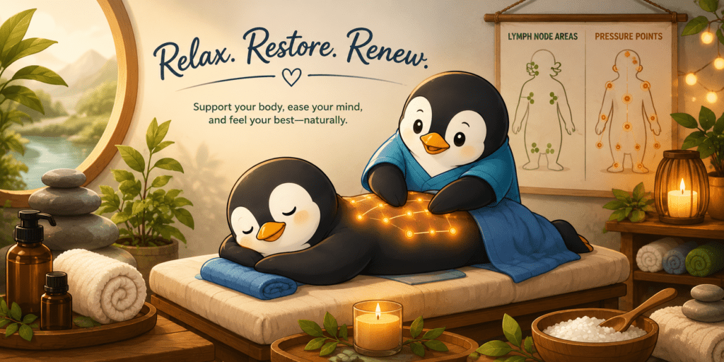 Relaxing cartoon spa scene with penguin massage therapy, warm lighting, pressure point chart, towels, Epsom salt, and natural wellness decor.