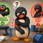 Cartoon penguin in a gym comparing normal muscle soreness with possible joint pain after workouts or heavy lifting.