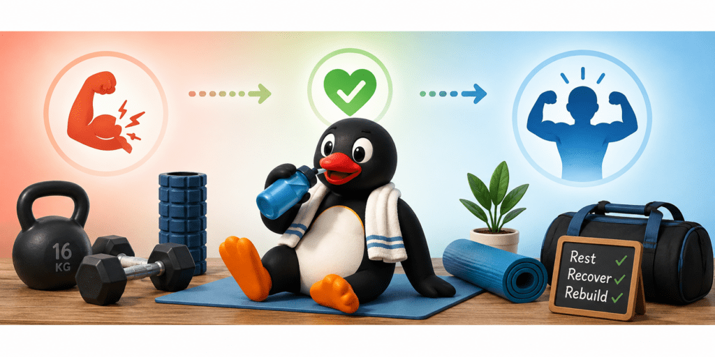 Cartoon penguin resting with water, towel, weights, and recovery gear after a hard workout.