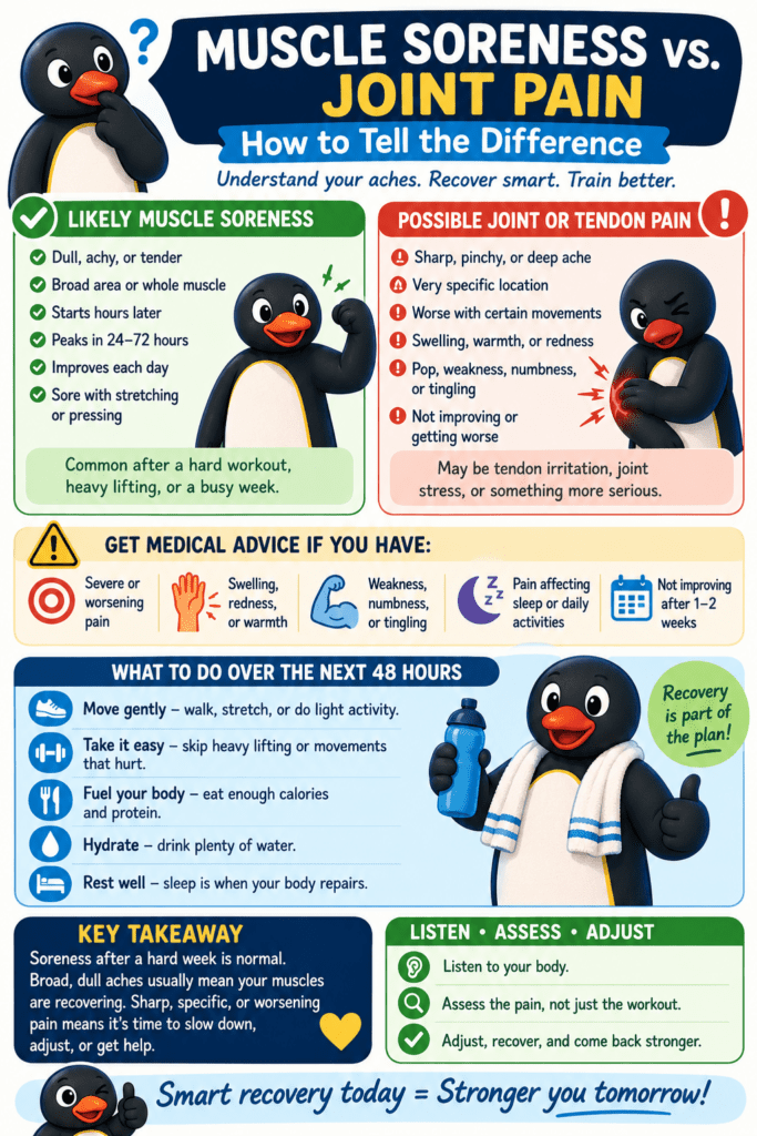 Muscle soreness versus joint pain infographic explaining common signs, warning symptoms, recovery tips, and when to seek medical advice.