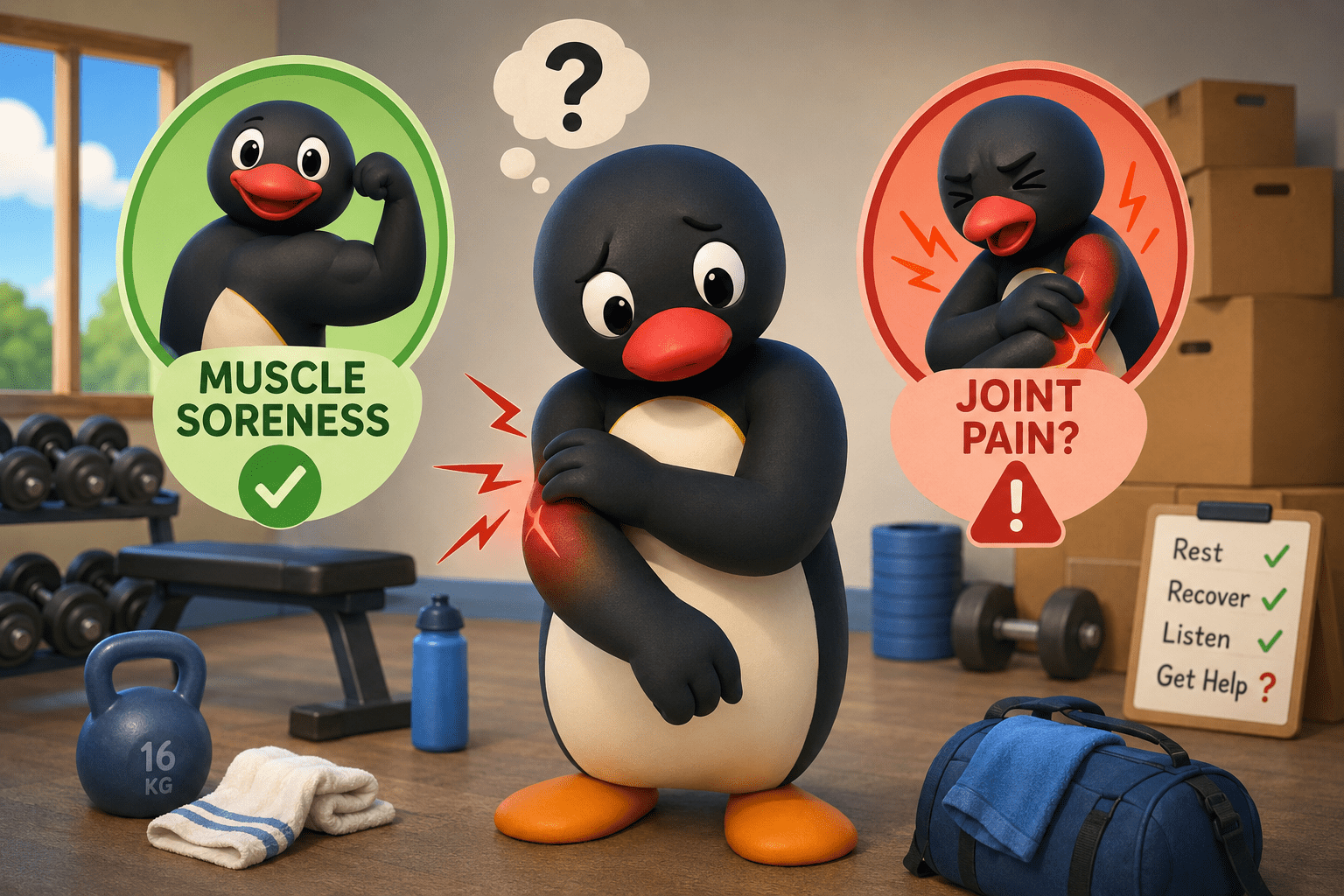 Cartoon penguin comparing muscle soreness with joint pain