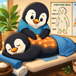 Cartoon penguin massage therapist giving a relaxing back massage in a cozy spa with lymph node and pressure point wellness charts.