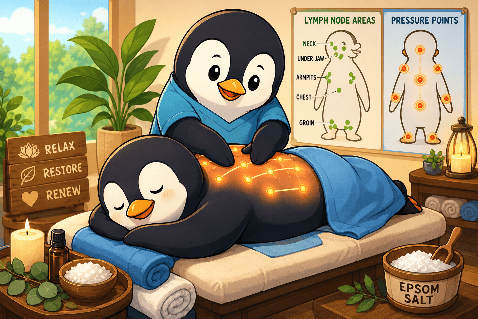 Cartoon penguin massage therapist with pressure-point charts