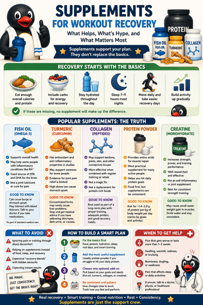 Workout recovery supplements infographic comparing fish oil, turmeric, collagen, protein powder, and creatine alongside nutrition, hydration, sleep, and recovery tips.