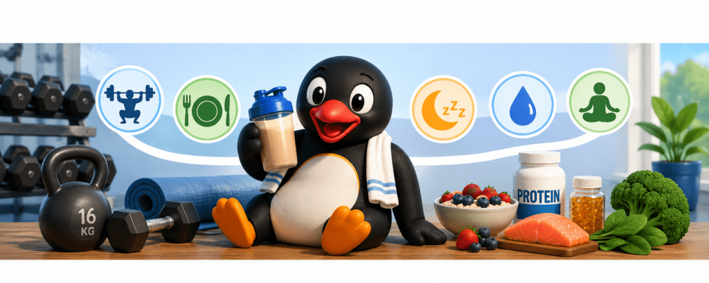 Cartoon penguin relaxing after exercise with a protein shake, weights, salmon, vegetables, water, sleep, and recovery icons.