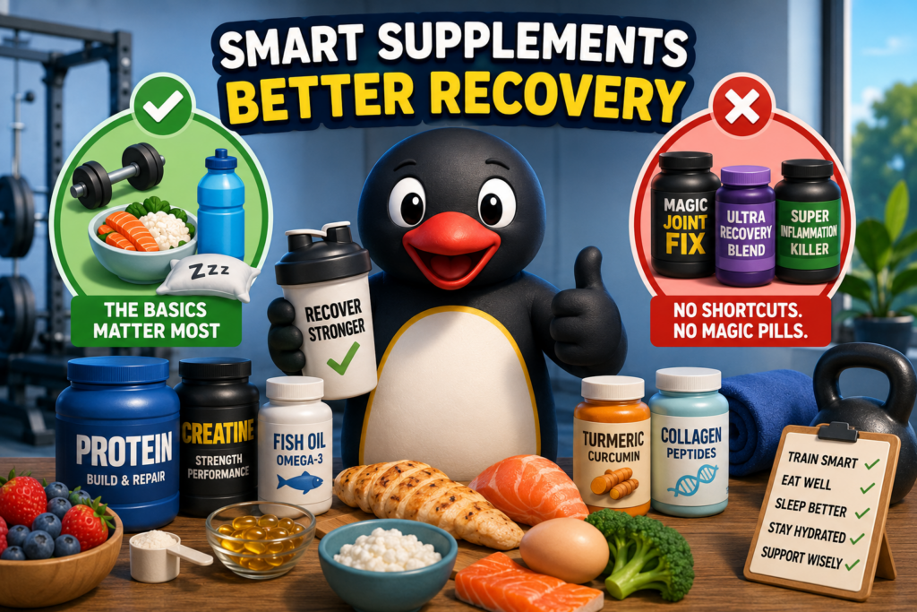 Cartoon penguin in a gym surrounded by protein powder, fish oil, turmeric, collagen, healthy food, and workout recovery essentials.