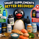 Cartoon penguin in a gym surrounded by protein powder, fish oil, turmeric, collagen, healthy food, and workout recovery essentials.