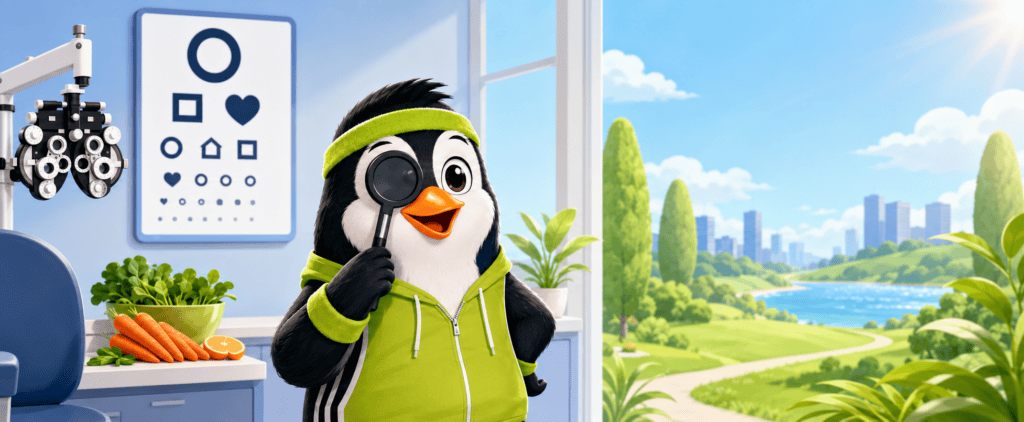 Cartoon FinkleFitness penguin using a vision lens beside an eye chart, healthy vegetables, and a clear outdoor landscape.