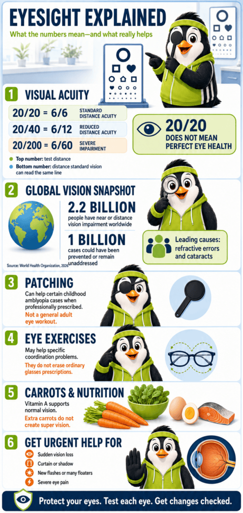 FinkleFitness penguin infographic explaining 20/20 vision, global eyesight statistics, eye patching, exercises, nutrition, and urgent warning signs.