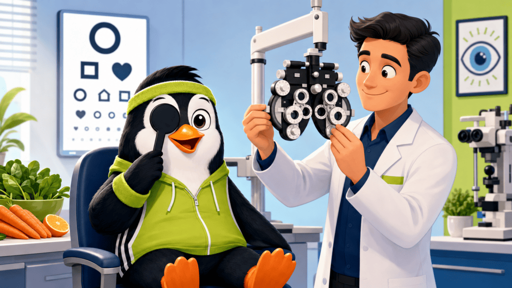 Cartoon FinkleFitness penguin covering one eye during an eyesight examination with an eye doctor, vision chart, carrots, and leafy greens.