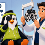 Cartoon FinkleFitness penguin covering one eye during an eyesight examination with an eye doctor, vision chart, carrots, and leafy greens.