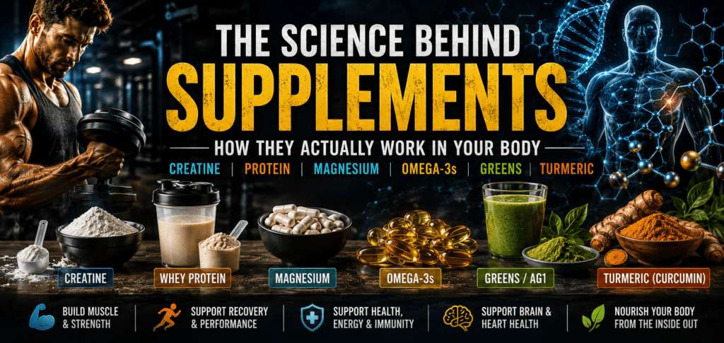 Creatine, whey protein, magnesium, omega-3s, greens powder and turmeric illustrating how supplements work in the body.