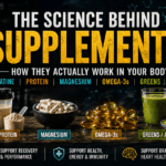 Creatine, whey protein, magnesium, omega-3s, greens powder and turmeric illustrating how supplements work in the body.