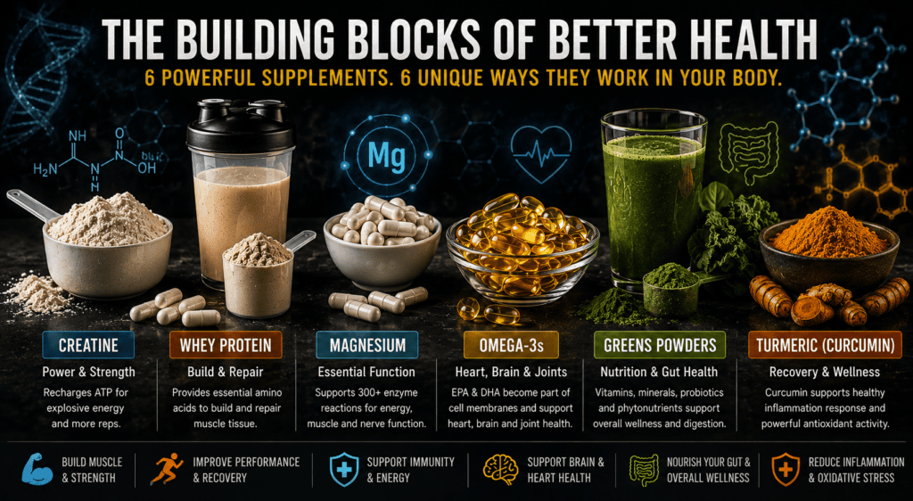 Infographic showing creatine, whey protein, magnesium, omega-3 fish oil, greens powder and turmeric and how each supports the body.