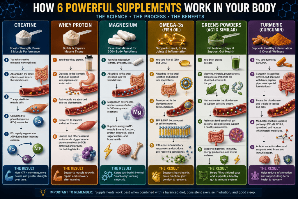 Detailed infographic explaining how creatine, whey protein, magnesium, omega-3s, greens powders and turmeric are absorbed and used by the body.