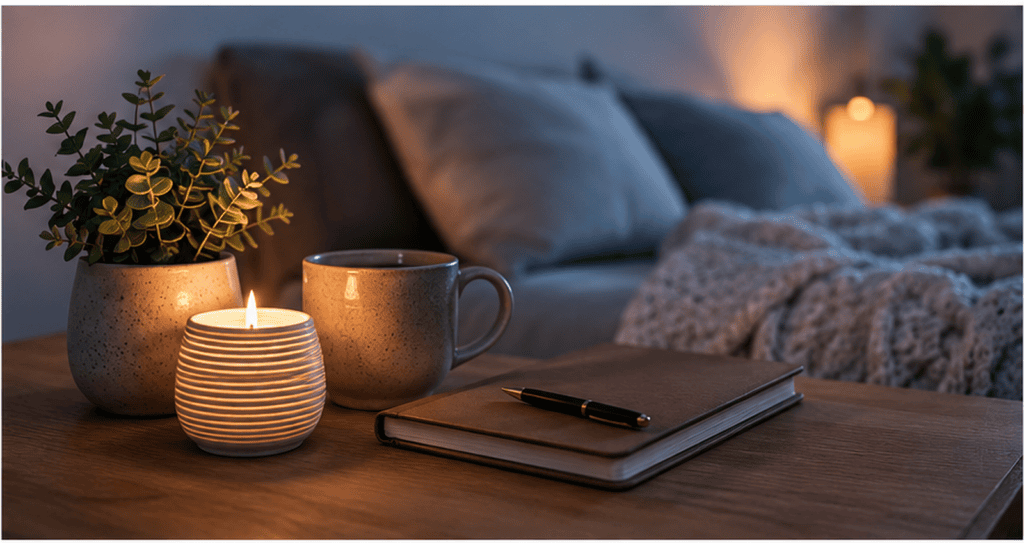 Calming nighttime scene with a warm drink, candle, journal, plants and a comfortable bed prepared for sleep.