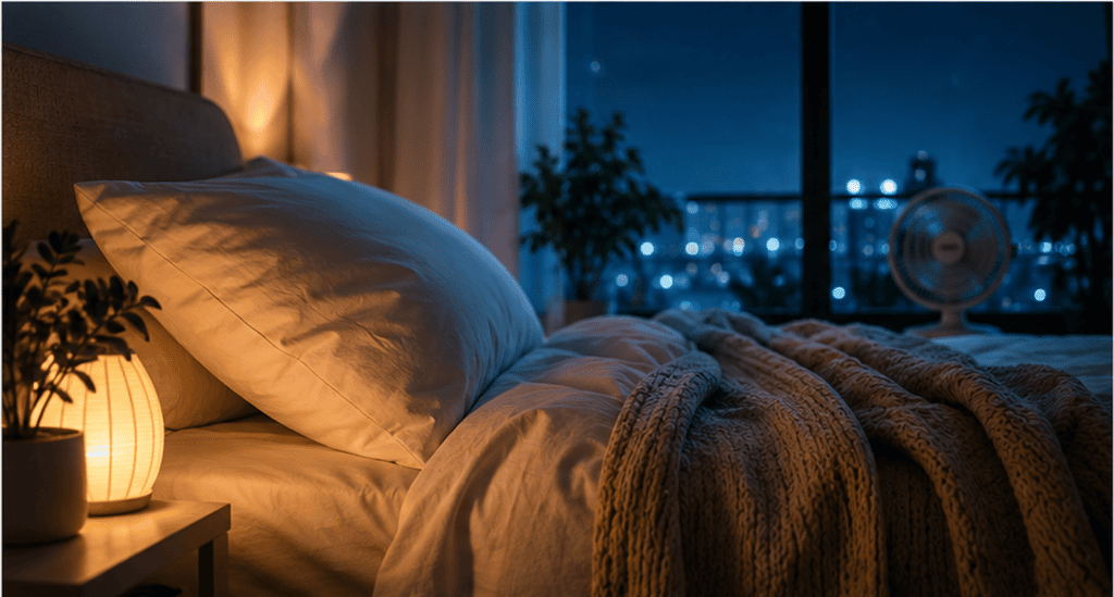 Cozy, cool bedroom with soft lighting, comfortable bedding and a fan creating a peaceful environment for restful sleep.