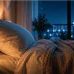 Cozy, cool bedroom with soft lighting, comfortable bedding and a fan creating a peaceful environment for restful sleep.
