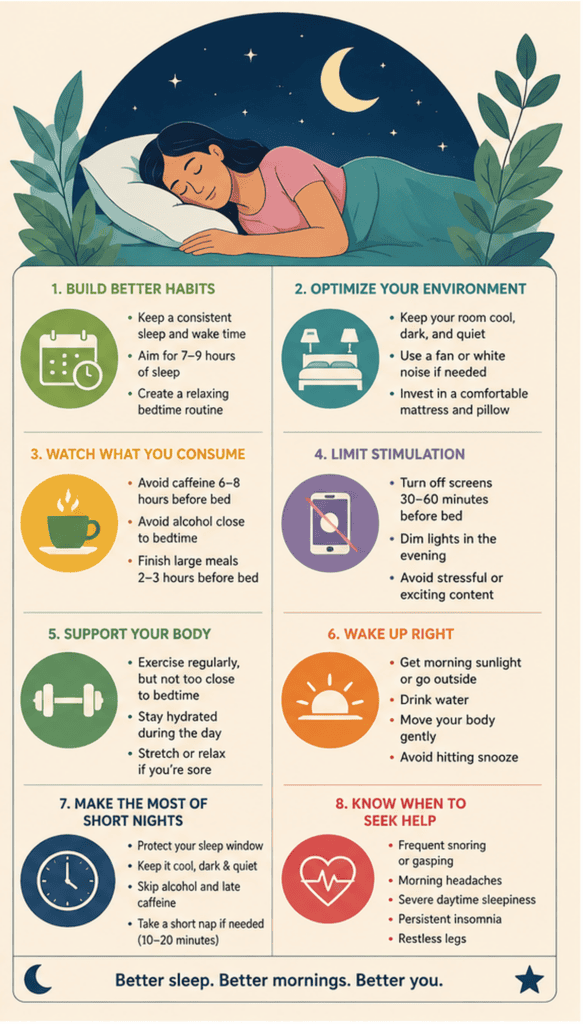 Illustrated sleep infographic summarizing healthy bedtime habits, bedroom setup, caffeine and meal timing, morning routines and signs that sleep problems may need medical attention.