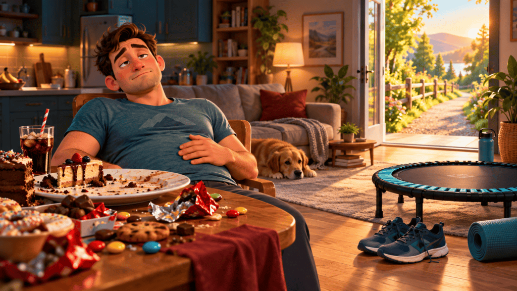 Cartoon man feeling bloated and tired after overeating