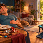 Cartoon man feeling bloated and tired after overeating