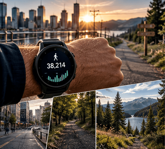 Fitness watch showing over 38,000 daily steps during high-volume endurance walking