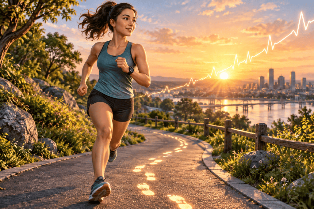 Recreational runner tracking daily steps, running progress, and cardio load
