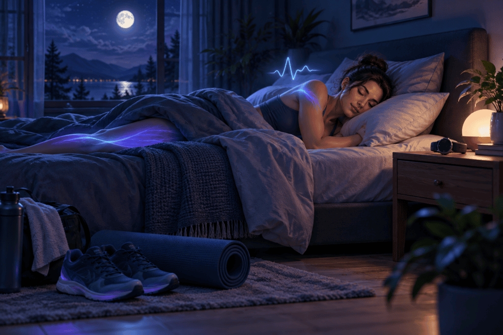 Athlete sleeping after exercise while tracking heart rate and workout recovery.
