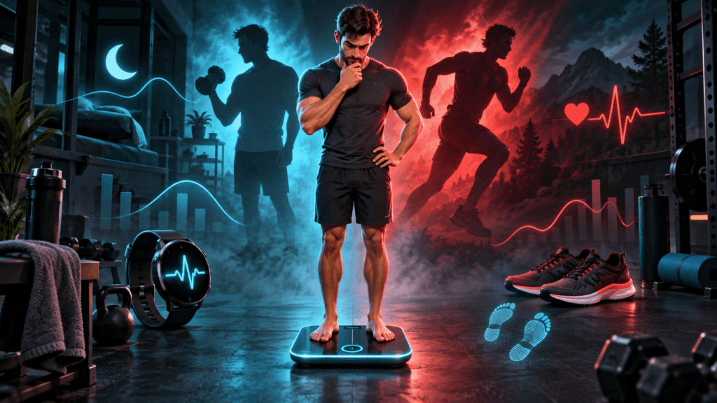 Man questioning smart scale athlete mode surrounded by running and fitness data
