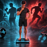 Man questioning smart scale athlete mode surrounded by running and fitness data