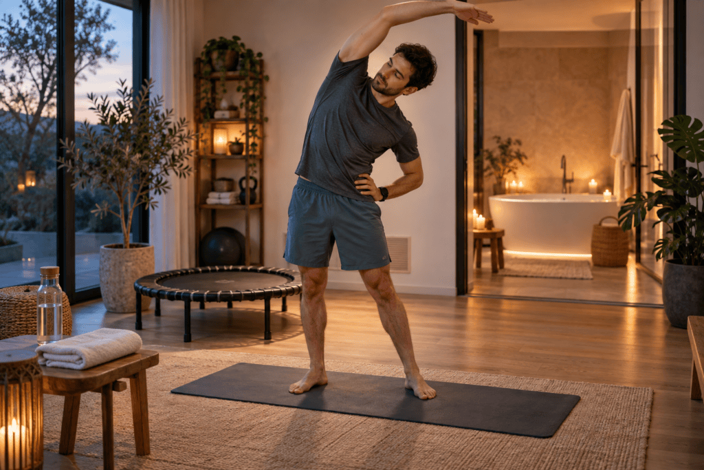 Gentle stretching, warm bath, and mini-trampoline recovery routine
