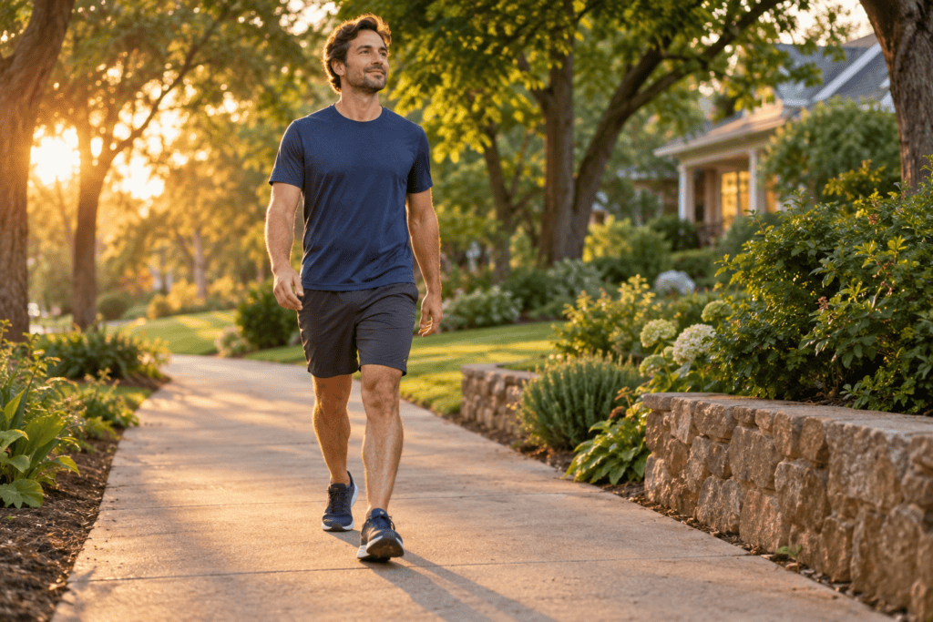 Man taking a gentle walk to relieve post-meal bloating
